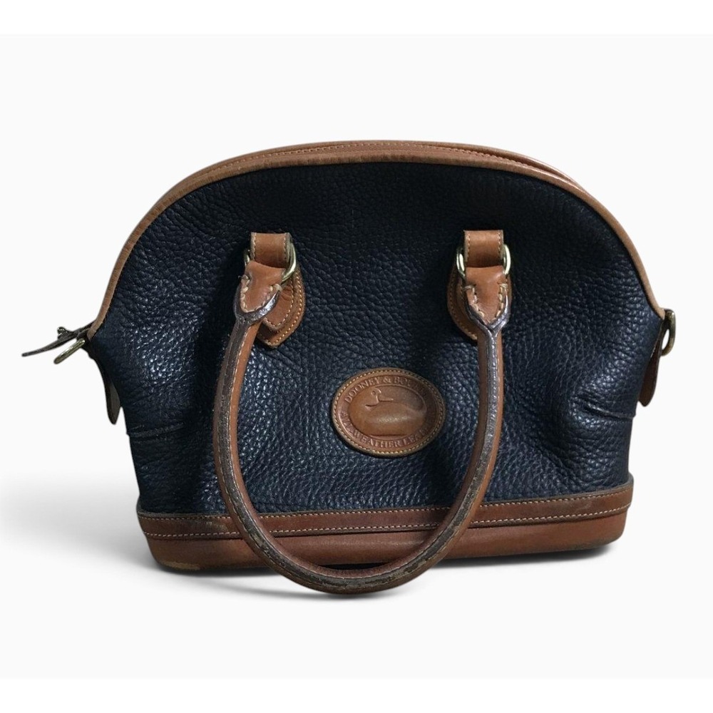 Vintage Dooney & Bourke USA Black Pebble Leather Dome Satchel British Tan Bag